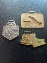 (3) Vintage Watch Fobs - John Deere Bulldozer, Thew Lorain Machinery, & American Poclain Corporation