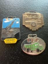 (3) Vintage Watch Fobs - Eberhart Coal Inc., High Level Bridge Toledo Ohio, & EUC Trucks