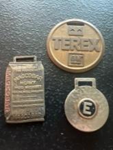 (3) Vintage Watch Fobs - Magcobar Magnet Cove Barium Corp., E Fob, & GM Terex Earthmoving Equipment