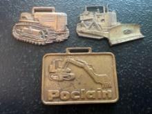 (3) Vintage Watch Fobs - John Deere Bulldozer, Oliver Track Based Tractor, & American Poclain