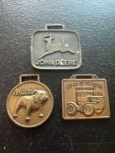 (3) Vintage Watch Fobs - Mack Bulldog, John Deere Emblem, & Wagner Tractors