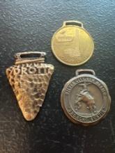 (3) Vintage Watch Fobs - Davey Rotary Drill, Drott Arrowhead, & Bronco Bustin' Silver City New