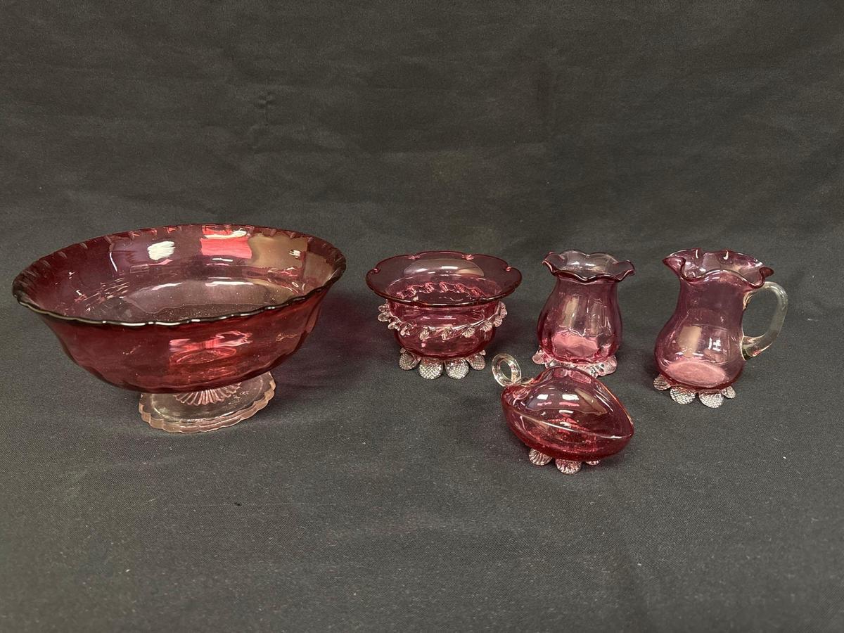 Cranberry Glass Assorted Footed Pieces, Bowls, Vase, Creamer