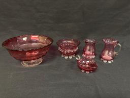 Cranberry Glass Assorted Footed Pieces, Bowls, Vase, Creamer