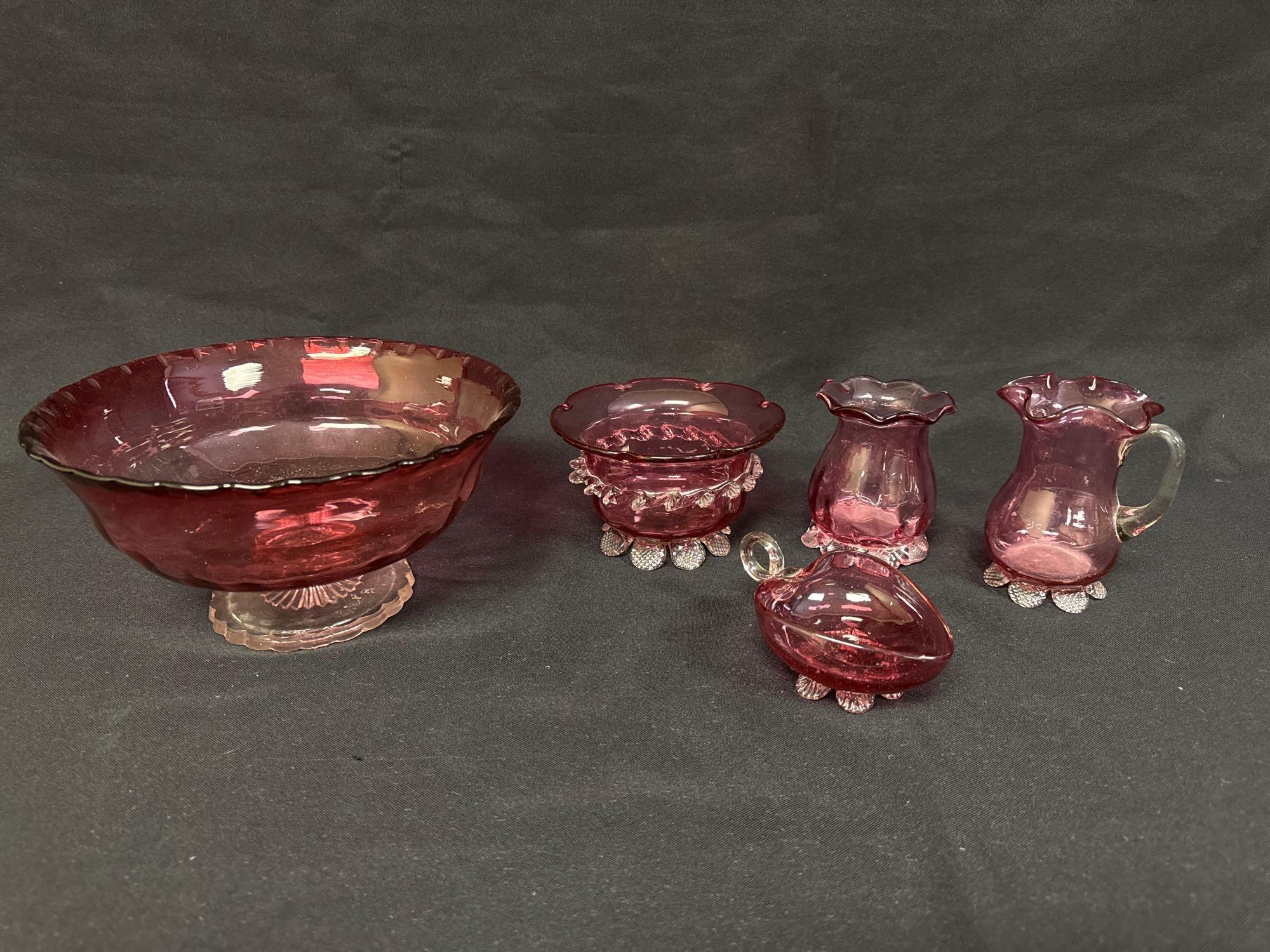 Cranberry Glass Assorted Footed Pieces, Bowls, Vase, Creamer