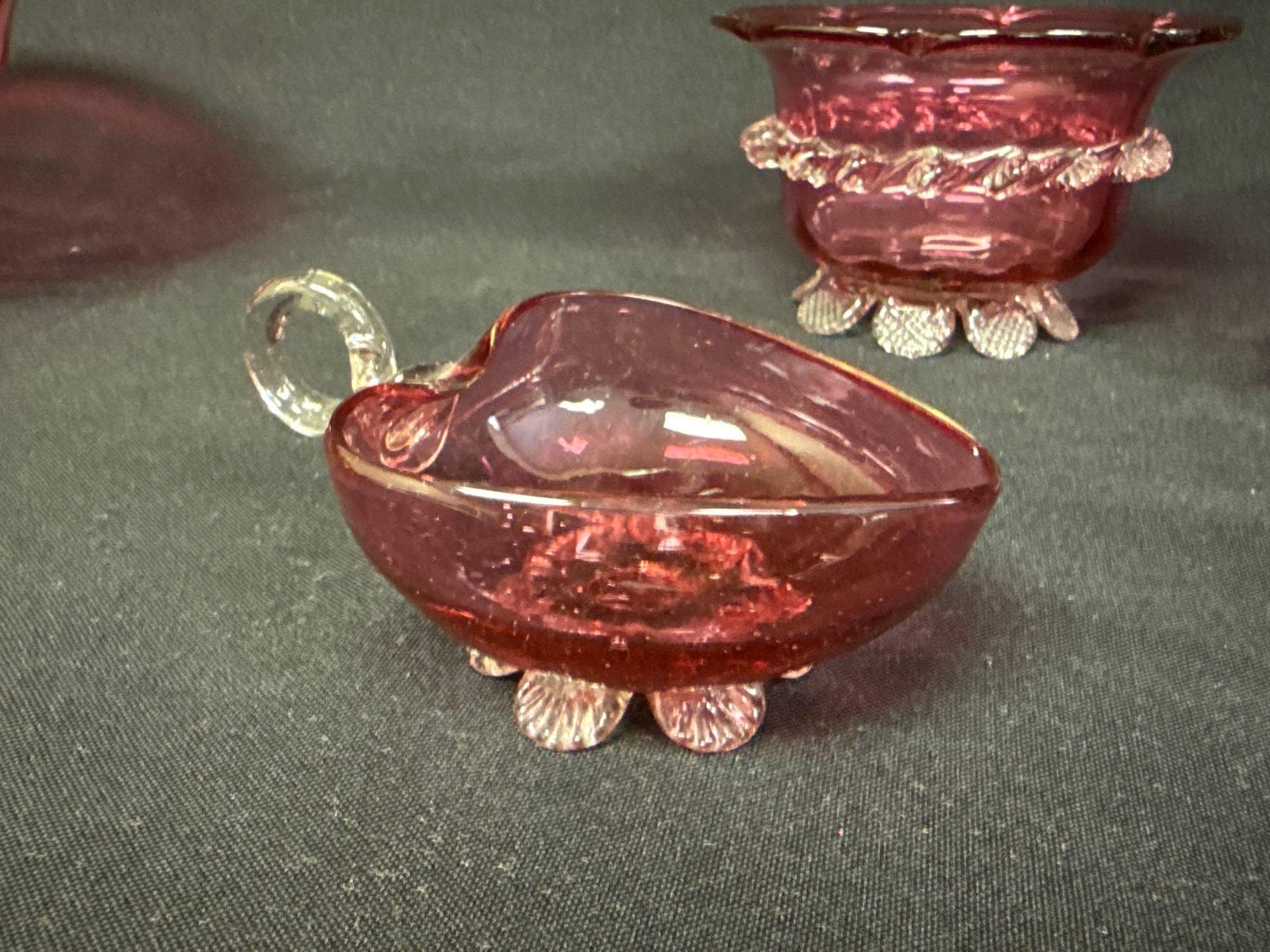 Cranberry Glass Assorted Footed Pieces, Bowls, Vase, Creamer