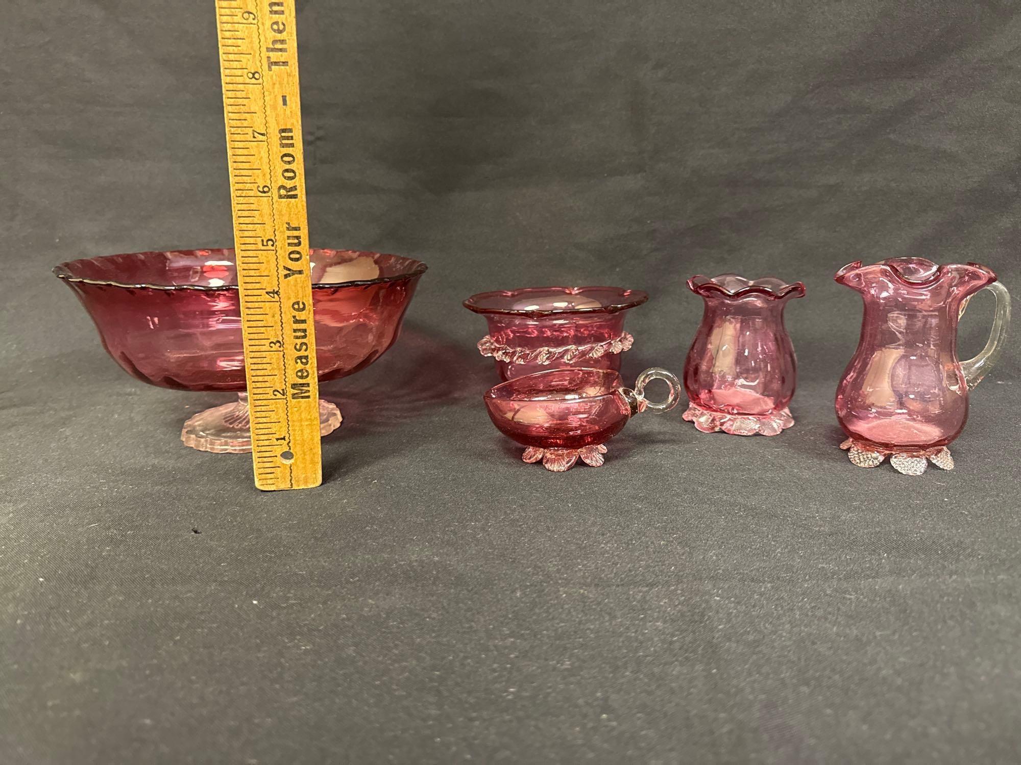 Cranberry Glass Assorted Footed Pieces, Bowls, Vase, Creamer