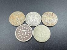 Shield Nickels Assorted Dates bid x 5