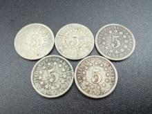 Shield Nickels Assorted Dates bid x 5