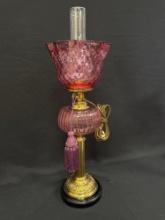 Cranberry Glass Brass Pedestal Banquet Parlor Lamp Electrified
