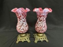 Cranberry Opalescent Daisy & Fern Candle Holders with Brass Bases