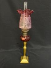 Cranberry Etched Glass Brass Base Kerosene Lamp