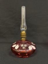 Early Cranberry Hand Painted with Flowers Oil Lamp