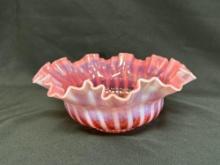 Cranberry Opalescent Striped Pattern Ruffled Top Brides Bowl