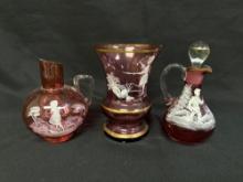 Cranberry Mary Gregory Cruets & Vase 3 pcs.