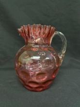 Cranberry Coin Dot Pitcher with Applied Handle has chip in top of pitcher