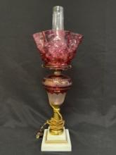 Cranberry Wheel Cut and Brass Lamp Base with Cranberry Coin Dot Shade Electric Lamp