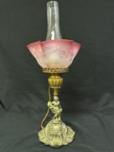 Cranberry Etched Glass Shade on Figural Lamp Base Electric