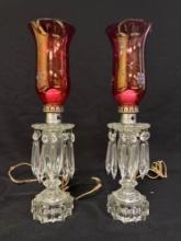 Ruby Flash Cranberry Glass & Prism Electric Lusters Mantle Lamps