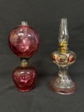 Small Cranberry Coin Dot Oil Lamp & Ruby Flash Oil Lamp