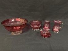 Cranberry Glass Assorted Footed Pieces, Bowls, Vase, Creamer