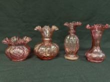4 Cranberry Glass Ruffled Top Vases, Coin Dot, Diamond