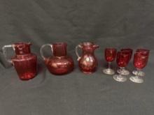 Cranberry Glass Applied Handled Pitchers, 5 Small Stemware Glasses