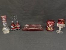 Cranberry Glass Enamel Painted Vase, Salt & Pepper Shakers, Vase, Center Dish
