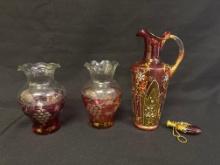 Cranberry Glass Enamel Painted Perfume, Pitcher, 2 Ruby Flash Vases