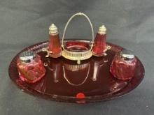 Cranberry Glass Platter, Salt & Pepper Shakers