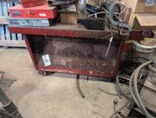 Heavy duty metal lathe table with casters, contents not included