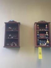 pair of wall shelves, nascar collectibles and motorcycles models