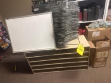 desk organizer, whiteboard and coat hangers