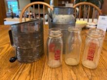 Vintage Milk Bottles and Flour Sifter