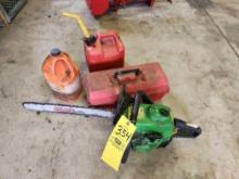 John Deere CS46 Chainsaw, fuel can, Toolbox