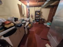 Metal cabinet, bookcase, microwave stand, Kitchen items, shop vac, cleaning supplies