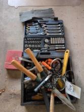 Assorted hand tools, socket and wrench set