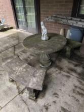 Large cement pedestal patio table with 2 benches