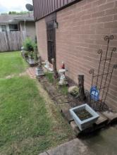 Contents of side flowerbed, Ornaments decor, planters and bases