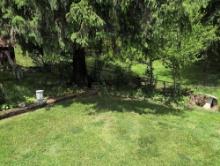Group of cement lawn ornaments, Virgin Mary, base, bird bath