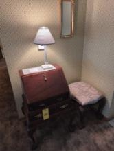 Modern slant front writing desk with claw feet, stool, lamp and mirror