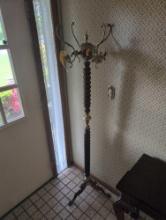 Brass trim hall tree with turned wood accents