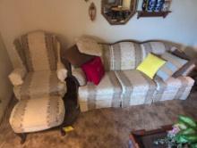 Pem Kay 3 cushion sofa with matching queen Ann arm chair and stool