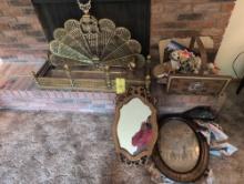 Brass fan style fire screen, guard, mirror, basket and ancestral frame