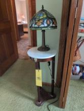 Column base marble top plant stand with small lead glass lamp
