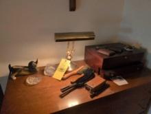 Men's dresser box, brushes and brass light