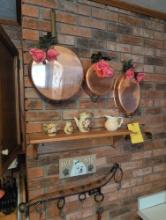 Antique milk bottles, copper kettle and pans, decor items