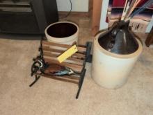 Wood carved duck, crocks, homemade anvil and doll wood bench