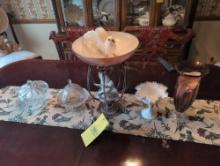 Art glass pedestal dish/center bowl, Fenton Silver Crest and assorted glassware