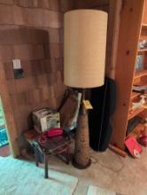 MCM cork style floor lamp, pine bench and side table